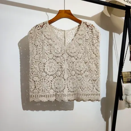 勾花镂空马甲背心女夏季新款宽松v领时尚无袖针织衫编织上衣外穿商品大图