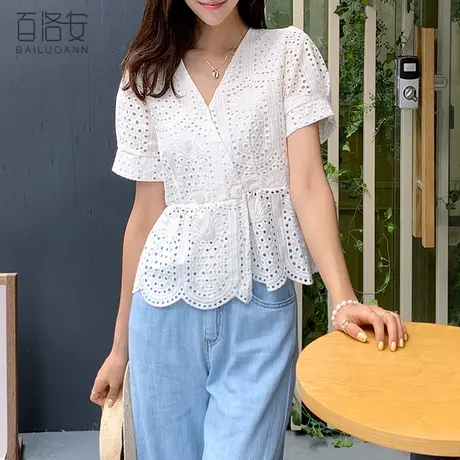百洛安蕾丝衬衫女上衣夏季新款韩版气质时尚短袖v领镂空心机衬衣图片