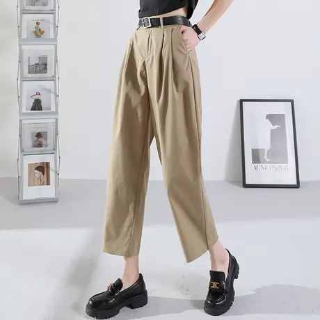 卡其色裤子女夏薄款冰丝阔腿裤休闲西装裤夏季直筒裤九分裤哈伦裤商品大图