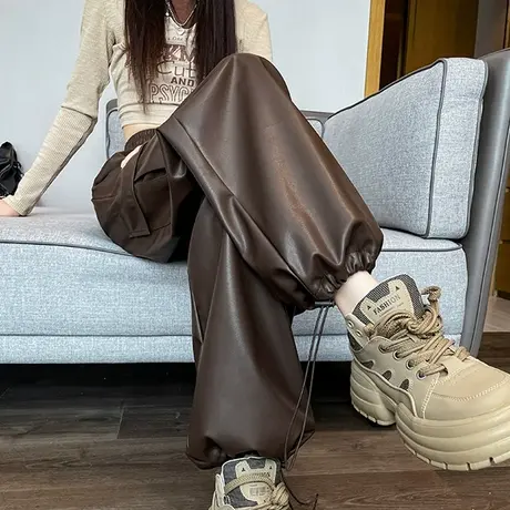 阔腿皮裤女秋冬2023新款高腰宽松显瘦辣妹美式pu皮工装直筒休闲裤图片