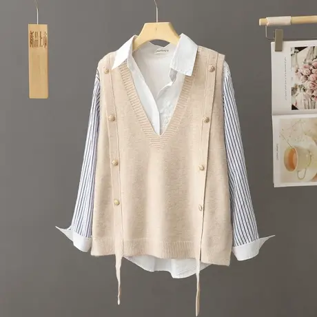 针织V领马甲女坎肩2023年秋冬季宽松学院风无袖毛衣背心马夹上衣商品大图