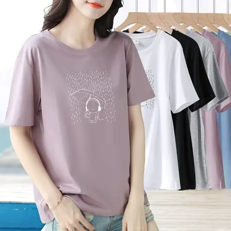 纯棉圆领t恤女短袖夏季2024新款减龄宽松打底T恤夏装纯色显瘦上衣商品大图