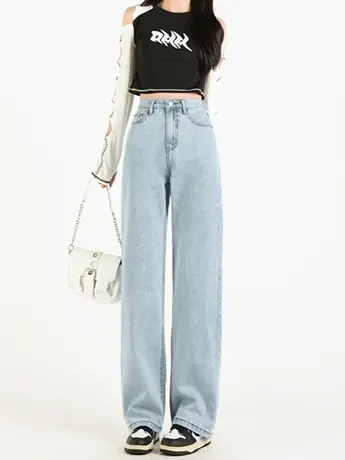 清仓捡漏美式甜辣新款休闲直筒阔腿牛仔裤女百搭显高显瘦拖地裤商品大图