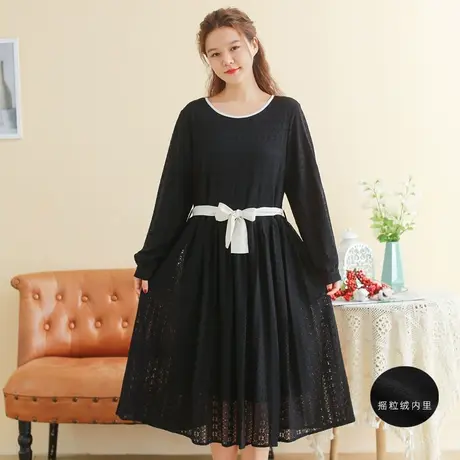 【买一送一】秋冬新品摇粒绒内里蕾丝连衣裙大码优雅圆领蕾丝裙商品大图