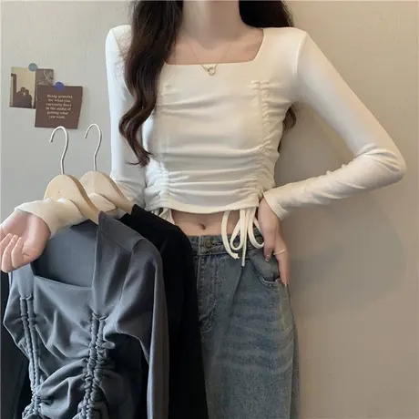 辣妹短款性感纯欲长袖T恤女春秋韩版洋气时髦小个子露脐上衣潮ins商品大图