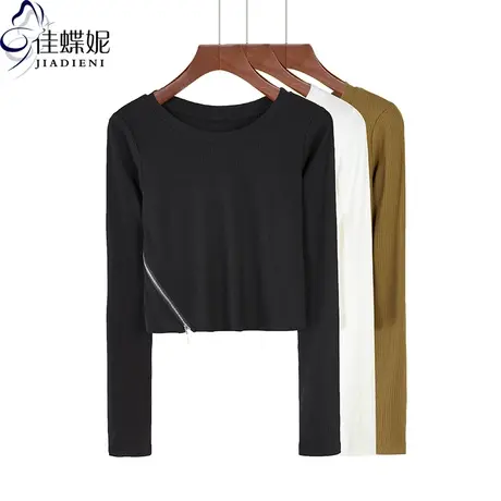 春季圆领韩版修身侧拉链高腰打底衫上衣长袖短款百搭黑色纯棉t恤商品大图