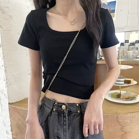 短袖正肩T恤女装夏季设计感小众紧身短款甜辣妹纯欲bm风上衣ins潮商品大图
