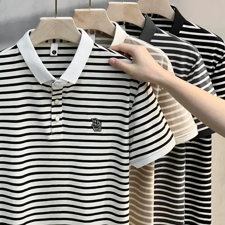 丝光短袖t恤男夏装新款翻领POLO衫时尚潮牌韩版冰凉休闲条纹半袖商品大图