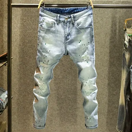 浅蓝色潮牌泼墨男士牛仔裤韩版百搭修身小脚裤夏季破洞潮流裤子男商品大图
