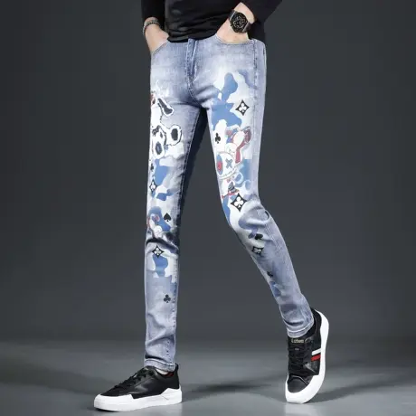 高端印花牛仔裤男2023新款修身小脚浅蓝色潮流男士裤子潮牌痞帅商品大图