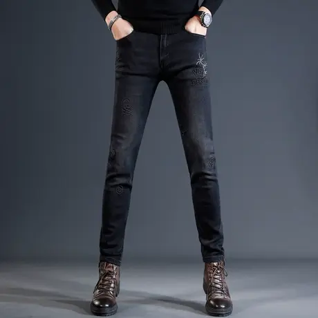 高端牛仔裤男2023秋冬新款黑色修身小脚弹力百搭男士潮流休闲长裤商品大图