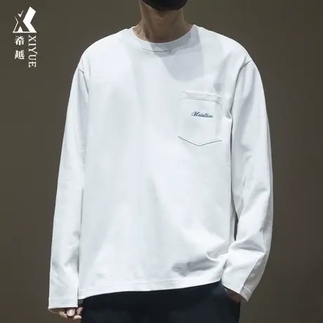 希越300g重磅精梳棉长袖t恤男带口袋刺绣春秋宽松大码男士打底衫商品大图