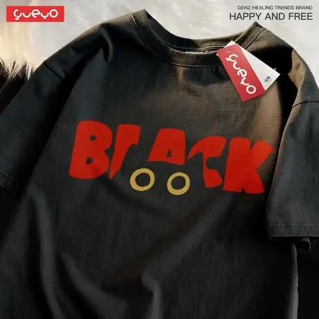 悦游 BLACK猫 潮牌纯棉宽松夏季短袖T恤男学生街头黑色猫咪ins商品大图