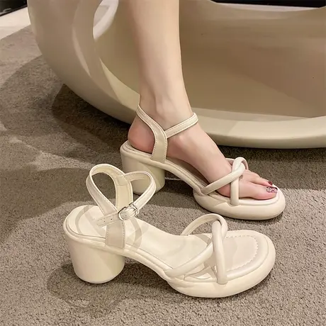 永希女鞋罗马凉鞋女款夏季新款小众高级感法式一字女士粗跟高跟鞋商品大图