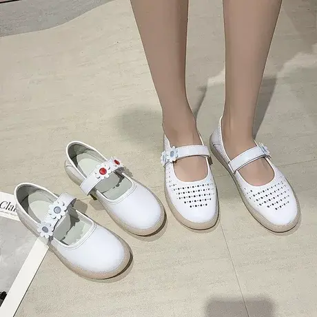 2023年新款软皮夏季平底镂空护士鞋女防滑透气软底可爱白色单鞋商品大图