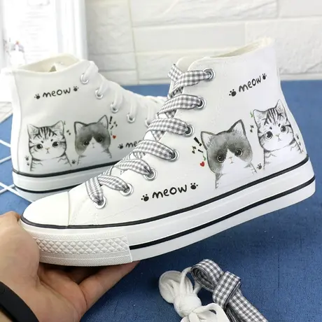 高帮帆布鞋女鞋韩版学生板鞋春季新款休闲鞋球鞋板鞋手绘小白鞋女商品大图