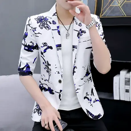 痞帅气夏季七分袖薄款西服男潮流韩版修身印花中袖半袖小西装外套图片