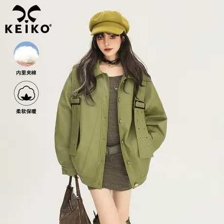KEIKO [夹棉]美式复古绿色皮衣外套加厚2024秋季高级感机车皮夹克图片