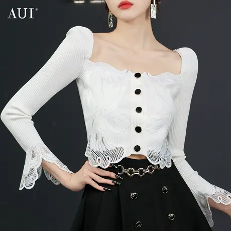 AUI白色名媛气质设计感方领针织衫女2023秋季新款喇叭袖小众上衣图片