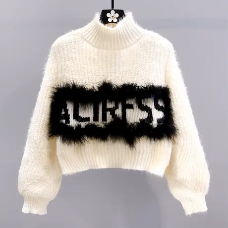 慵懒字母高领毛衣女冬季2023新款宽松高级感小个子短款打底针织衫商品大图