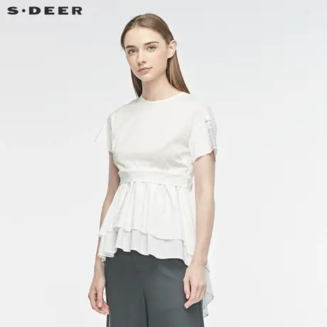 sdeer圣迪奥女装撞色字母创意拼接抽绳收腰短袖衬衫S19280444图片
