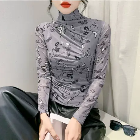 半高领打底衫女长袖网纱印花褶皱时尚气质减龄内塔上衣修身T恤秋商品大图