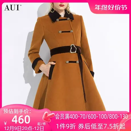 AUI棕色中长款修身毛呢外套女2023秋冬新款美拉德风收腰呢子大衣商品大图