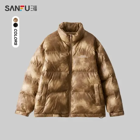 三福2023冬季满版扎染英文印花PU皮短棉衣 立领外套男479581商品大图