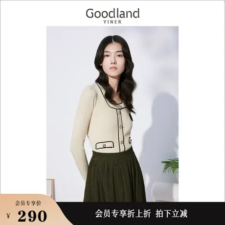 *【小香风】Goodland美地女装冬季重工花朵钉珠坑条方领针织衫商品大图