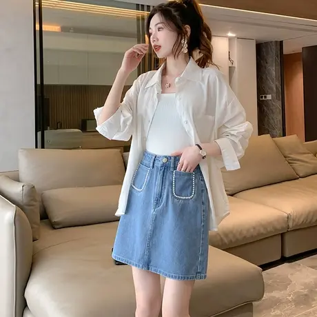 唐狮夏牛仔半身裙女士珍珠边a字裙显瘦工装裙小个子牛仔短裙复古图片