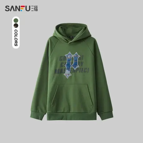 三福2024春季男士拼接牛仔卫衣 潮流嘻哈宽松连帽上衣男481123商品大图