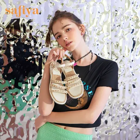 Safiya/索菲娅链条真皮平底凉鞋舒适仙女风一字带平底室外凉鞋女图片