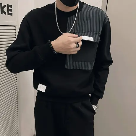 圆领卫衣男春秋2023新款潮牌痞帅条纹拼接上衣休闲暗黑打底衫衣服商品大图