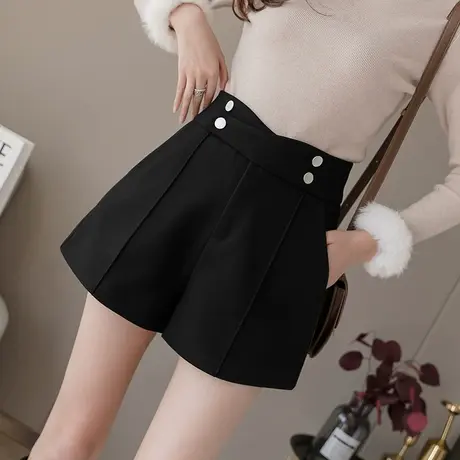 黑色毛呢短裤女秋冬新款裤子宽松显瘦高腰双排扣休闲裤A字阔腿裤商品大图