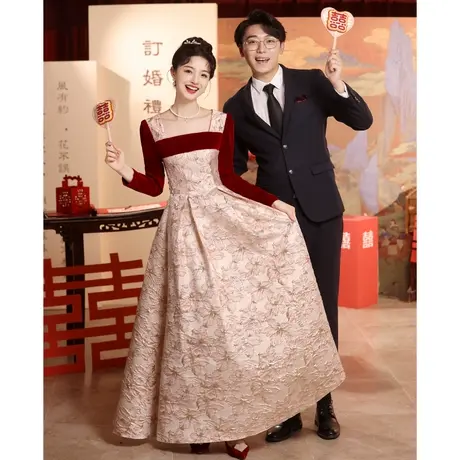 冬季敬酒服2023新款新娘长袖订婚裙高级感红色晚礼服设计感长款商品大图