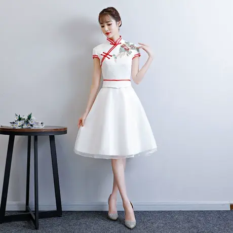 短款蕾丝短袖学生颁奖礼仪服演出服2023迎宾服校庆毕业礼服裙白色图片