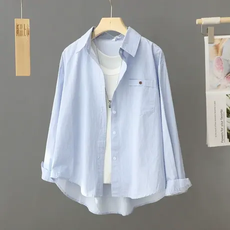 蓝色休闲衬衫式外套女2024年春装新款设计感小众上衣洋气纯棉衬衣商品大图