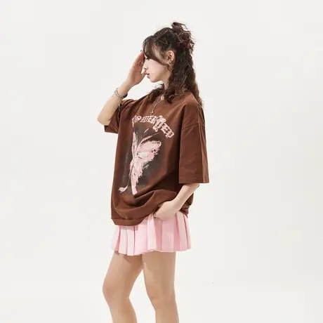 YEP复古蝴蝶印花短袖t恤女春夏2024新款美拉德穿搭情侣装宽松上衣商品大图