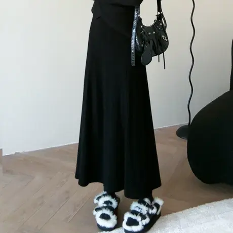 尔给长裙高腰显瘦a字气质梨形身材半身裙女2024春小个子黑色伞裙图片