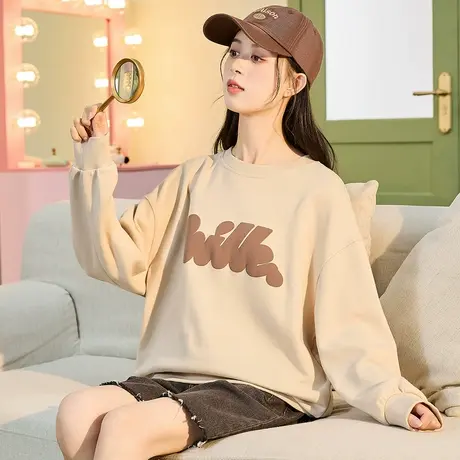 唐狮女卫衣春秋季圆领套头印花上衣美式复古慵懒风小个子潮运动图片
