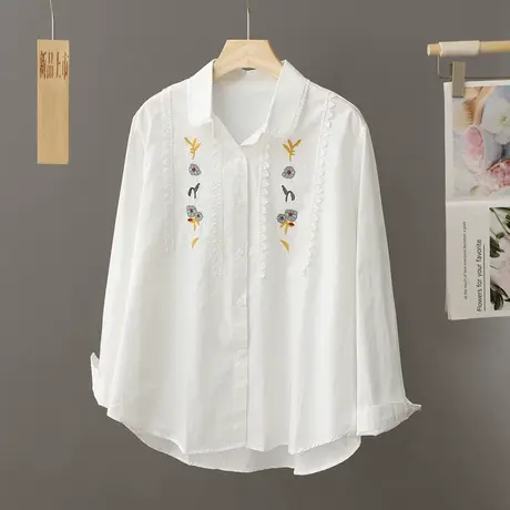 文艺清新刺绣白色纯棉衬衫女长袖打底衫学院风上衣甜美小个子衬衣图片