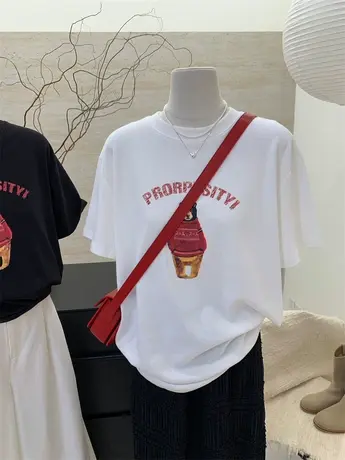 美式复古正肩短袖t恤女春夏季新款小熊印花宽松半袖百搭体恤上衣商品大图