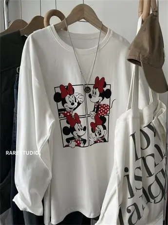 韩国春季新款四格米妮卡通白色长袖磨毛棉T恤百搭宽松休闲女打底图片