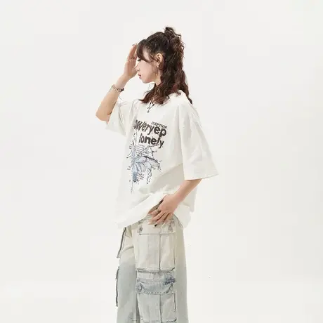 【好物体验专享】白色蝴蝶印花短袖t恤女春夏复古情侣装潮牌宽松商品大图