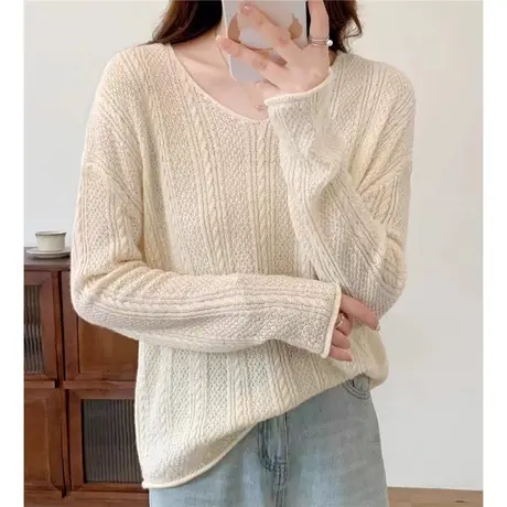 亮片纯色套头针织衫女2024年春季新款宽松韩版V领洋气内搭上衣潮商品大图