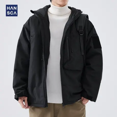 hansca户外工装连帽冲锋衣夹克男士秋冬新款日系防风防水保暖外套商品大图