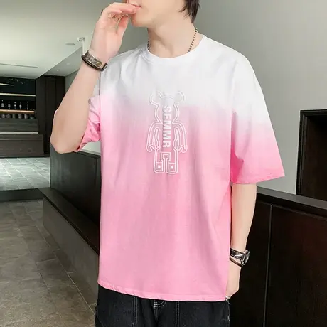 渐变吊染圆领T恤男夏季新款运动潮流时尚宽松休闲中学生短袖体恤商品大图
