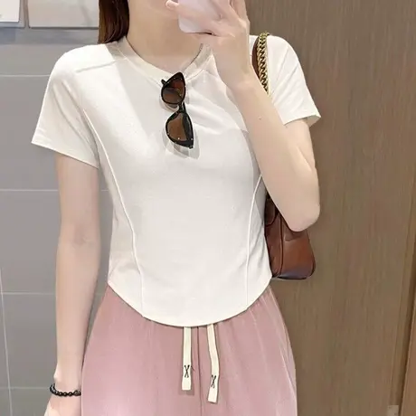 短款鱼骨正肩半袖T恤女夏装2024新款修身打底小衫纯棉短袖上衣服商品大图