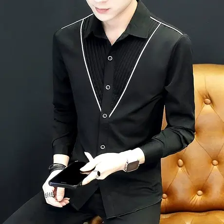 2023新款韩版衬衫潮春秋长袖男士设计感高级痞帅时尚秋装小众衬衣商品大图