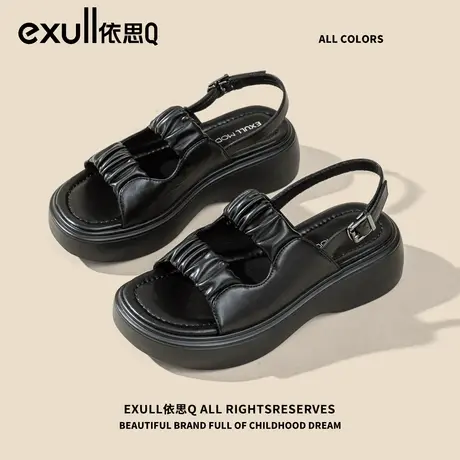 依思q百搭不累脚厚底凉鞋女夏季2024新款百搭松糕褶皱罗马沙滩鞋商品大图